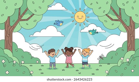 flat illustration of three happy diverse children running and playing in a lush green park under a sunny sky, embodying joyful outdoor summer activities
