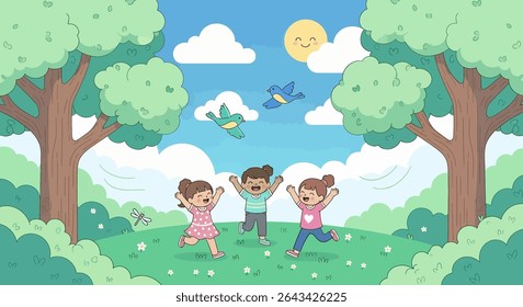 flat illustration of three happy diverse children running and playing in a lush green park under a sunny sky, embodying joyful outdoor summer activities