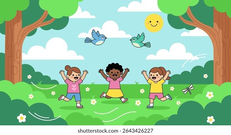 flat illustration of three happy diverse children running and playing in a lush green park under a sunny sky, embodying joyful outdoor summer activities