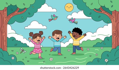 flat illustration of three happy diverse children running and playing in a lush green park under a sunny sky, embodying joyful outdoor summer activities