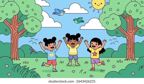flat illustration of three happy diverse children running and playing in a lush green park under a sunny sky, embodying joyful outdoor summer activities