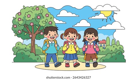flat illustration of three happy kids with backpacks walking a path through a sunny park, on their way to school or a fun summer activity	