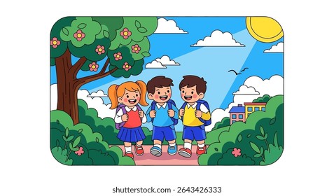 flat illustration of three happy kids with backpacks walking a path through a sunny park, on their way to school or a fun summer activity	