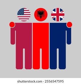 Flat illustration of three human figures with USA, Albania, and UK flags as heads. Minimalistic design, isolated background.