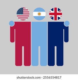 Flat illustration of three human figures with USA, Argentina, and UK flags as heads. Minimalistic design, isolated background.