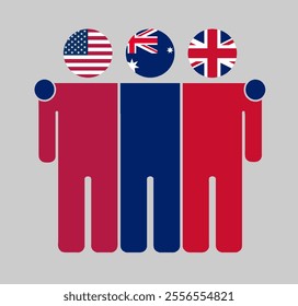 Flat illustration of three human figures with USA, Australia, and UK flags as heads. Minimalistic design, isolated background.