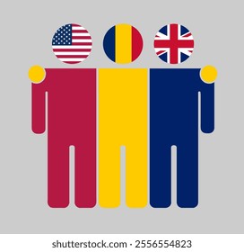 Flat illustration of three human figures with USA, Chad, and UK flags as heads. Minimalistic design, isolated background.