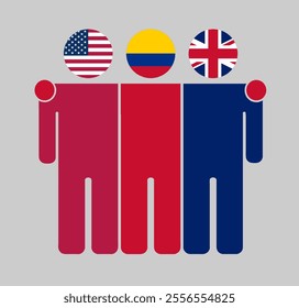 Flat illustration of three human figures with USA, Colombia, and UK flags as heads. Minimalistic design, isolated background.