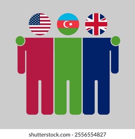 Flat illustration of three human figures with USA, Azerbaijan, and UK flags as heads. Minimalistic design, isolated background.