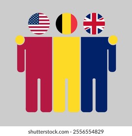 Flat illustration of three human figures with USA, Belgium, and UK flags as heads. Minimalistic design, isolated background.