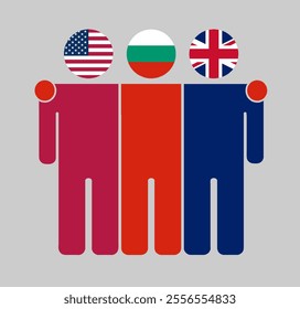 Flat illustration of three human figures with USA, Bulgaria, and UK flags as heads. Minimalistic design, isolated background.