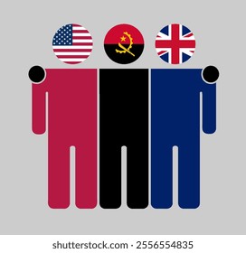 Flat illustration of three human figures with USA, Angola, and UK flags as heads. Minimalistic design, isolated background.