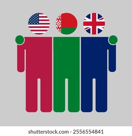 Flat illustration of three human figures with USA, Belarus, and UK flags as heads. Minimalistic design, isolated background.