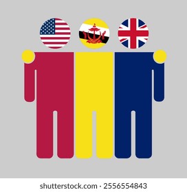 Flat illustration of three human figures with USA, Brunei Darussalam, and UK flags as heads. Minimalistic design, isolated background.