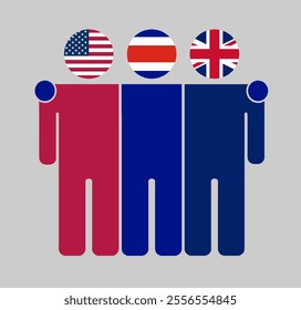 Flat illustration of three human figures with USA, Costa Rica, and UK flags as heads. Minimalistic design, isolated background.