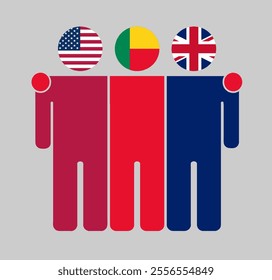 Flat illustration of three human figures with USA, Benin, and UK flags as heads. Minimalistic design, isolated background.