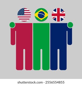 Flat illustration of three human figures with USA, Brazil, and UK flags as heads. Minimalistic design, isolated background.