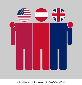 Flat illustration of three human figures with USA, Austria, and UK flags as heads. Minimalistic design, isolated background.