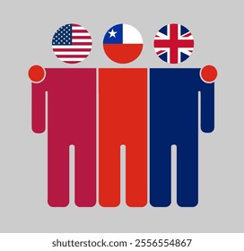 Flat illustration of three human figures with USA, Chile, and UK flags as heads. Minimalistic design, isolated background.