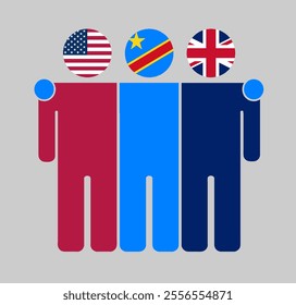 Flat illustration of three human figures with USA, Democratic Republic of the Congo, and UK flags as heads. Minimalistic design, isolated background.