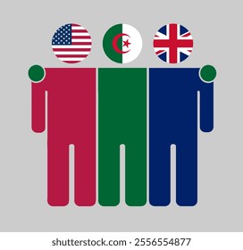 Flat illustration of three human figures with USA, Algeria, and UK flags as heads. Minimalistic design, isolated background.