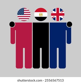 Flat illustration of three human figures with USA, Egypt, and UK flags as heads. Minimalistic design, isolated background.