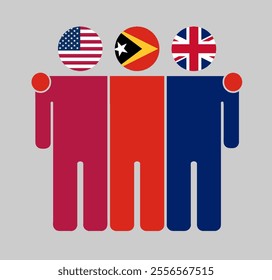 Flat illustration of three human figures with USA, Timor Leste, and UK flags as heads. Minimalistic design, isolated background.