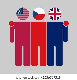 Flat illustration of three human figures with USA, Czech Republic, and UK flags as heads. Minimalistic design, isolated background.