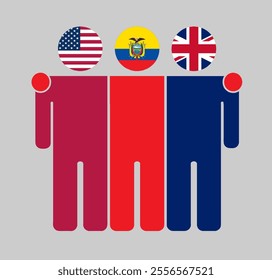 Flat illustration of three human figures with USA, Ecuador, and UK flags as heads. Minimalistic design, isolated background.