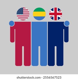 Flat illustration of three human figures with USA, Gabon, and UK flags as heads. Minimalistic design, isolated background.