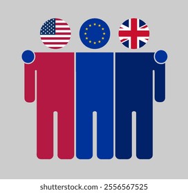 Flat illustration of three human figures with USA, EU, and UK flags as heads. Minimalistic design, isolated background.