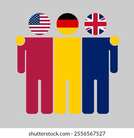 Flat illustration of three human figures with USA, Germany, and UK flags as heads. Minimalistic design, isolated background.