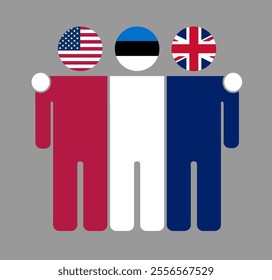 Flat illustration of three human figures with USA, Estonia, and UK flags as heads. Minimalistic design, isolated background.