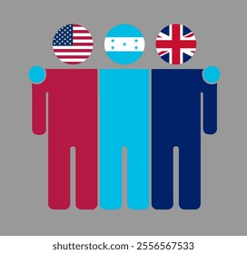 Flat illustration of three human figures with USA, Honduras, and UK flags as heads. Minimalistic design, isolated background.