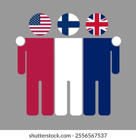 Flat illustration of three human figures with USA, Finland, and UK flags as heads. Minimalistic design, isolated background.