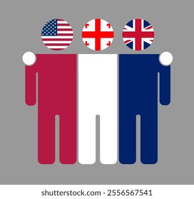 Flat illustration of three human figures with USA, Georgia, and UK flags as heads. Minimalistic design, isolated background.