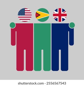 Flat illustration of three human figures with USA, Guyana, and UK flags as heads. Minimalistic design, isolated background.