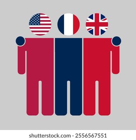 Flat illustration of three human figures with USA, France, and UK flags as heads. Minimalistic design, isolated background.