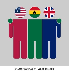 Flat illustration of three human figures with USA, Ghana, and UK flags as heads. Minimalistic design, isolated background.