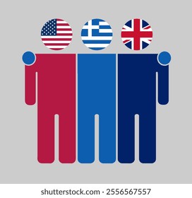 Flat illustration of three human figures with USA, Greece, and UK flags as heads. Minimalistic design, isolated background.