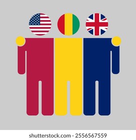 Flat illustration of three human figures with USA, Guinea, and UK flags as heads. Minimalistic design, isolated background.