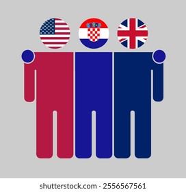 Flat illustration of three human figures with USA, Croatia, and UK flags as heads. Minimalistic design, isolated background.