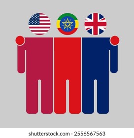 Flat illustration of three human figures with USA, Ethiopia, and UK flags as heads. Minimalistic design, isolated background.