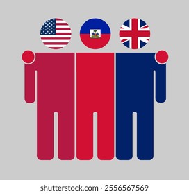 Flat illustration of three human figures with USA, Haiti, and UK flags as heads. Minimalistic design, isolated background.