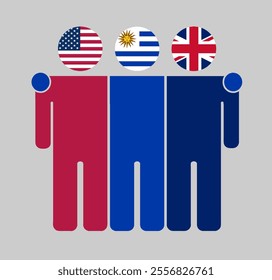 Flat illustration of three human figures with USA, Uruguay, and UK flags as heads. Minimalistic design, isolated background.