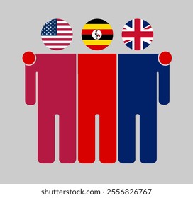 Flat illustration of three human figures with USA, Uganda, and UK flags as heads. Minimalistic design, isolated background.