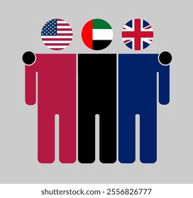 Flat illustration of three human figures with USA, UAE, and UK flags as heads. Minimalistic design, isolated background.