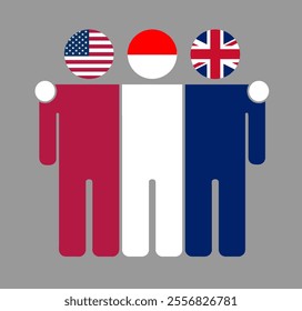 Flat illustration of three human figures with USA, Indonesia, and UK flags as heads. Minimalistic design, isolated background.