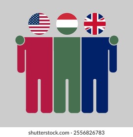 Flat illustration of three human figures with USA, Hungary, and UK flags as heads. Minimalistic design, isolated background.