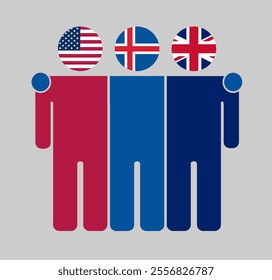 Flat illustration of three human figures with USA, Iceland, and UK flags as heads. Minimalistic design, isolated background.